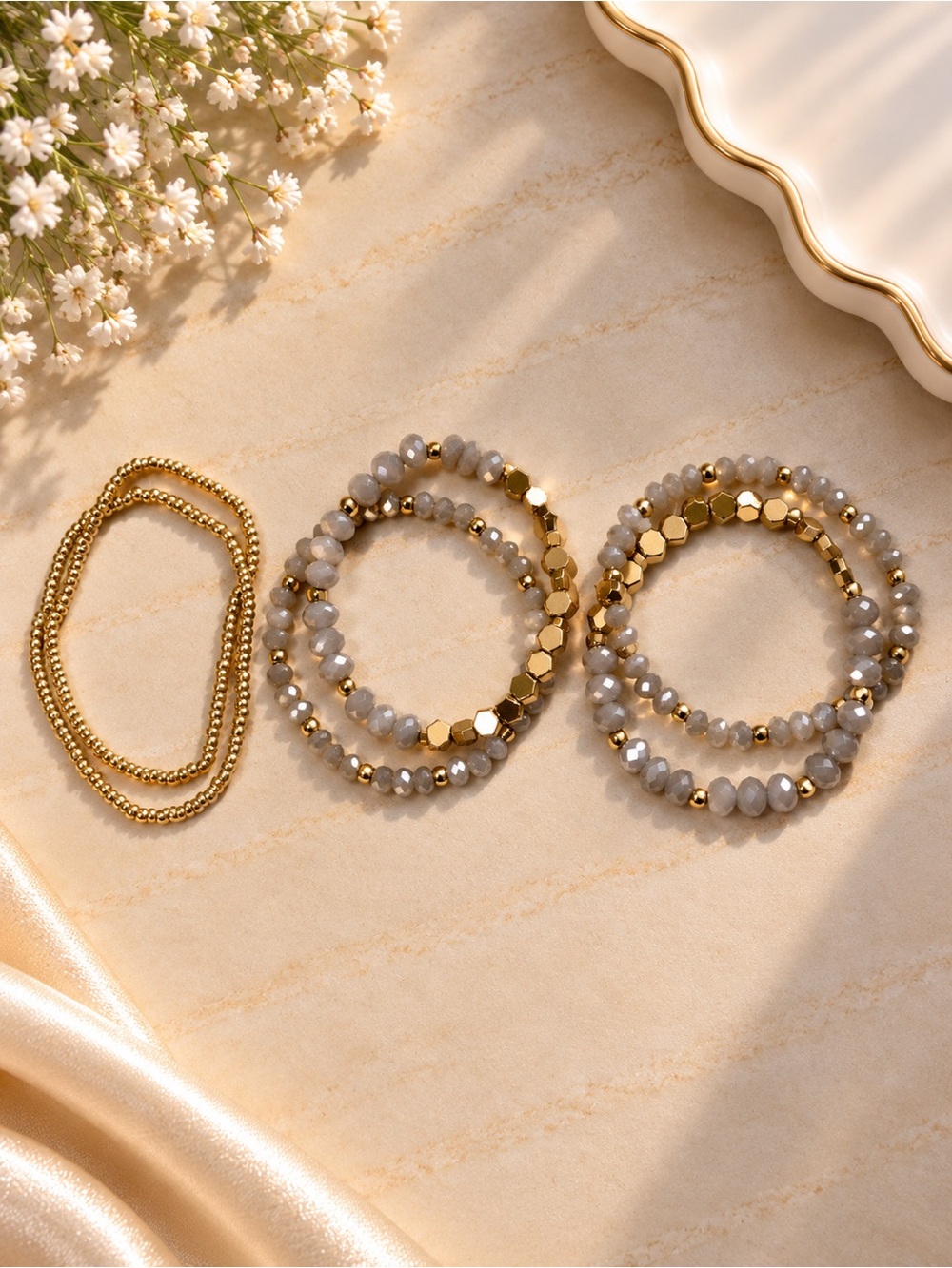 Gold and Gray Beaded Stretch Bracelet Set - Elegant Women’s Jewelry